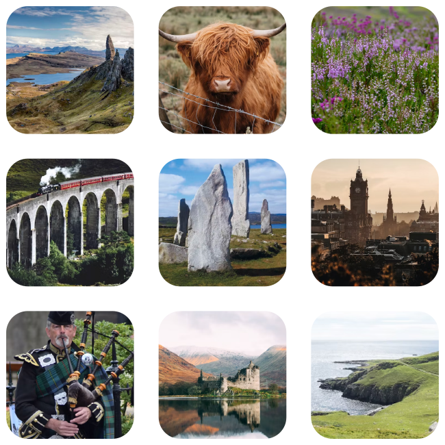 Collage of popular Scotland road trip landmarks for Atlas motorhome hire routes.
