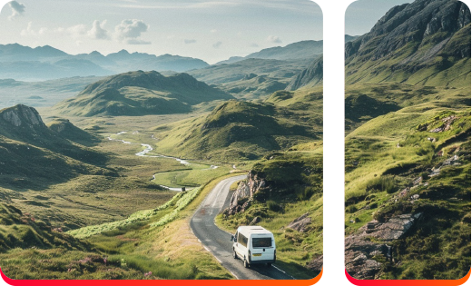 Atlas motorhome driving through the Scottish Highlands near Glasgow, Scotland.
